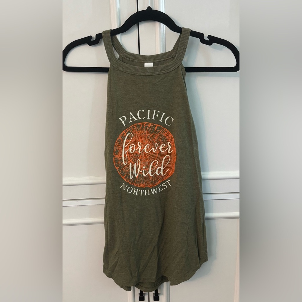 District Olive Green Tank Top with Orange and White Graphic Logo